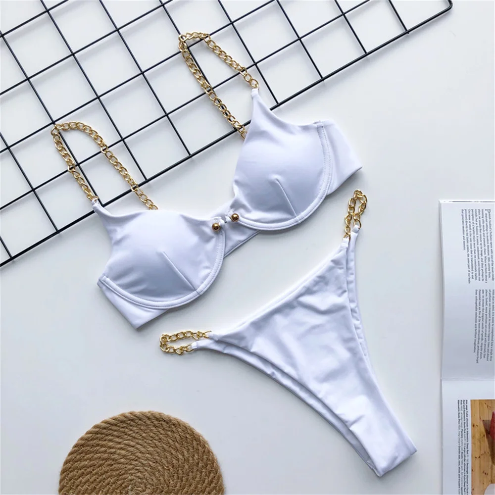 Sexy Metal Chains Swimsuit Underwire Push Up Extreme Micro Bikini White Y2k Swimwear Women Buckle Beach Outfit Bathing Swim Suit