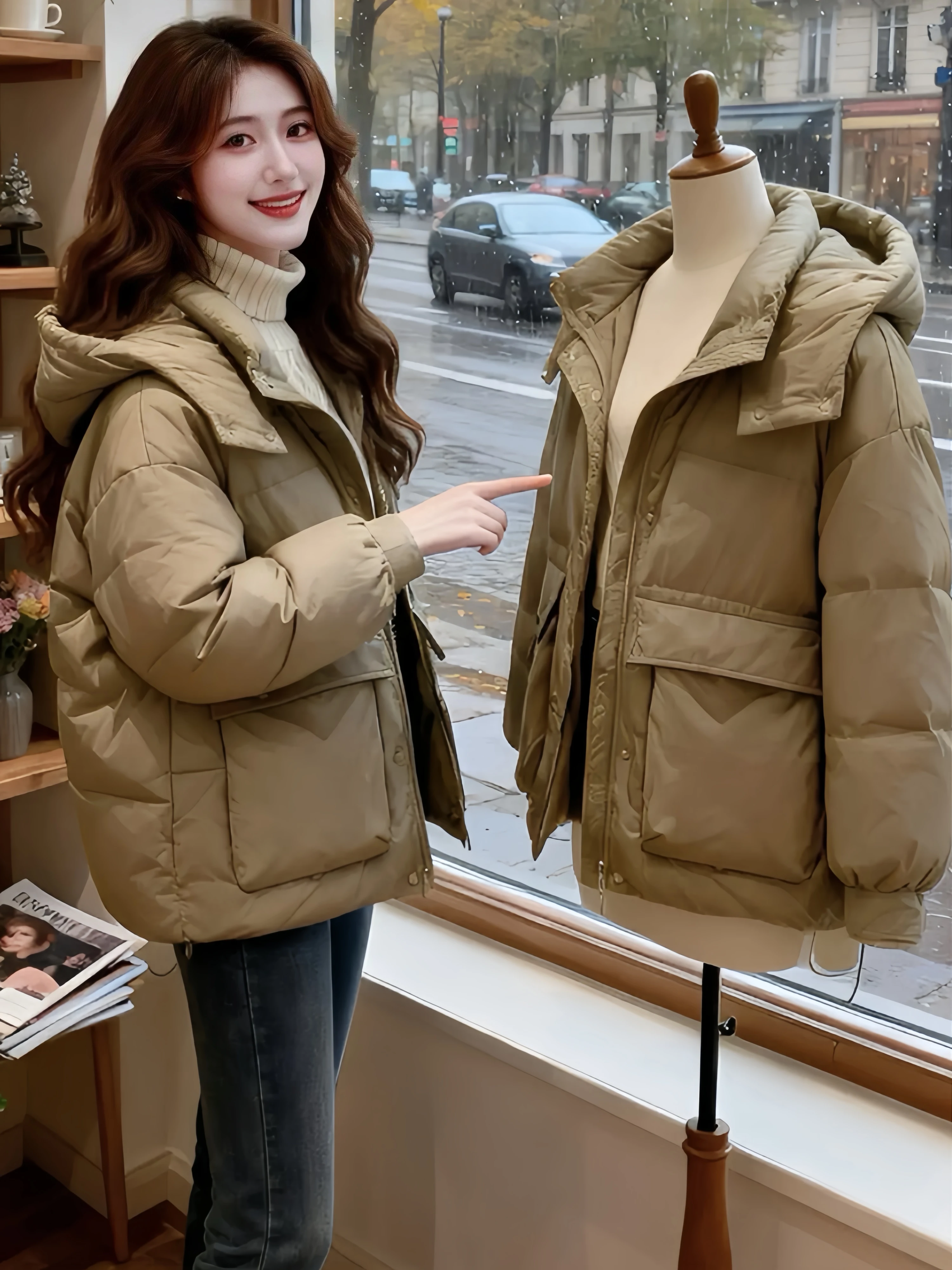 

Khaki Hooded down Cotton Jacket Women's Short Thickened Winter New Style Bread Clothes Korean Loose Style Long Sleeve Zipper