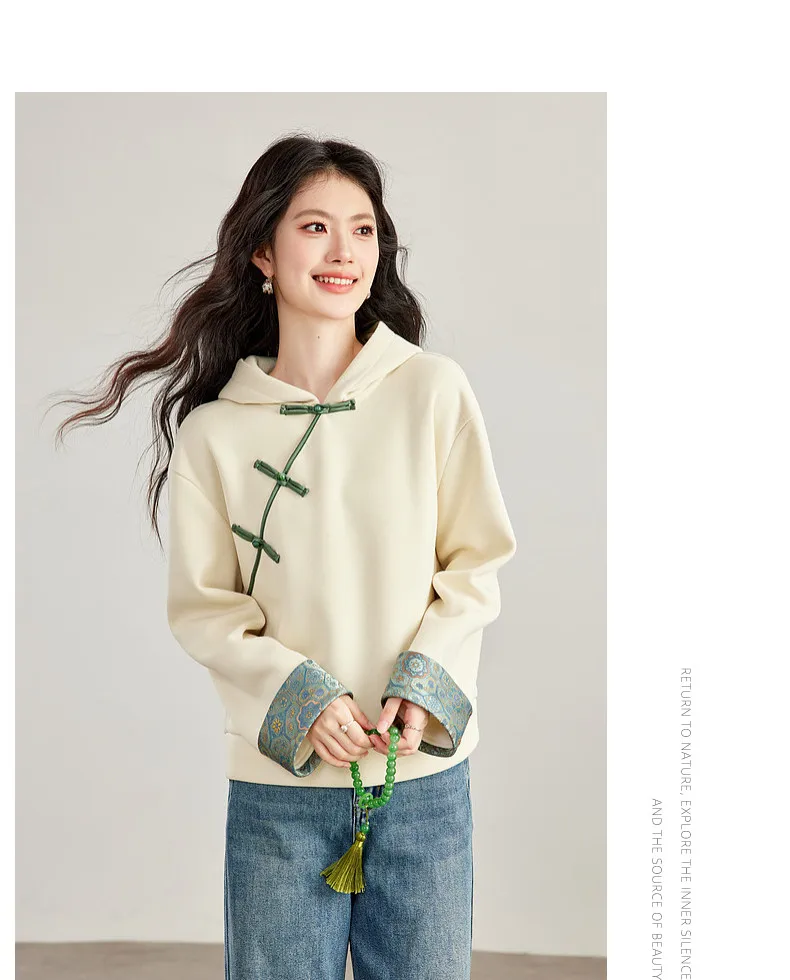 VIMLY New Chinese Style Hooded Sweatshirt Fall Winter Color Contrast Frog Button Fleece Lined Thickened Pullover Ladies A7683
