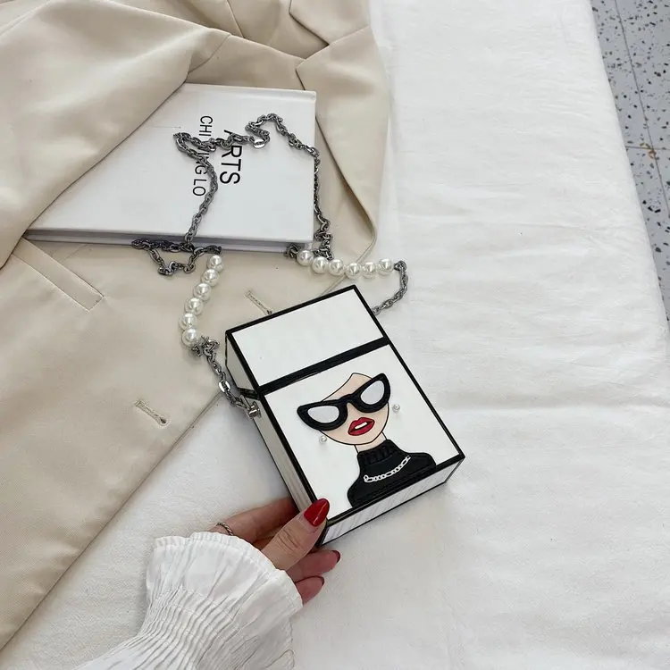 Small Shoulder Bag For Women Funny Cigarette Case Shape Bag Fashion Glasses Girl Chaiin Bag Pearl Chain Handle Box Bag