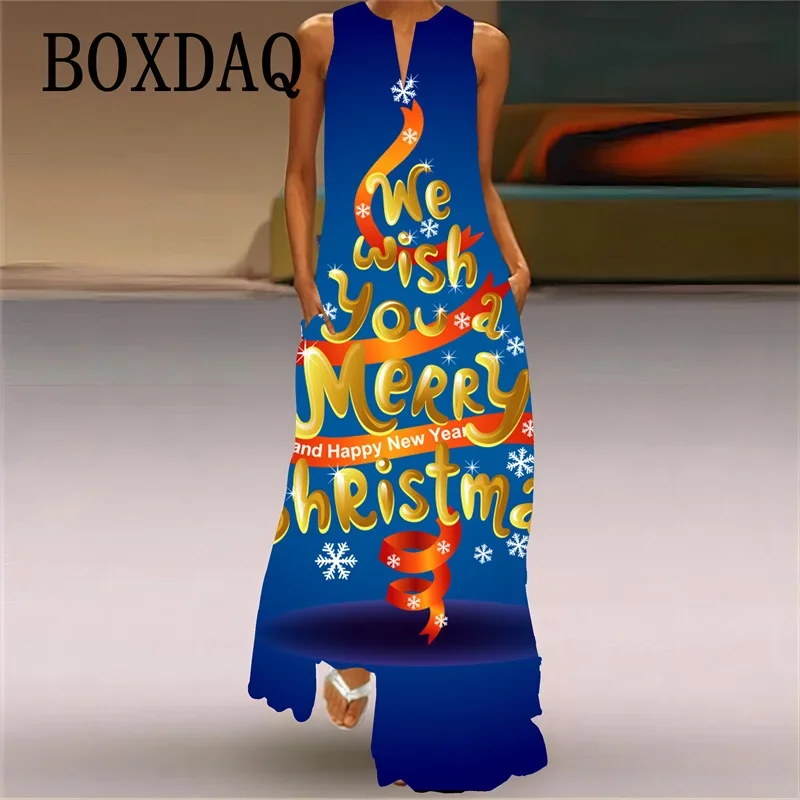 Elegant Women's Christmas Printed Pocket Long Dresses 2024 Fashion Casual Women Sleeveless V-neck Loose Large Size Robe Vestidos