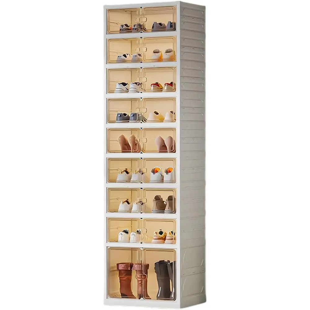 9 Tiers 18 Pairs Black oldable Shoe Rack Organizer, Collapsible Shoes Storage Cabinet with Magnetic Do, No Assembly, Stackable T