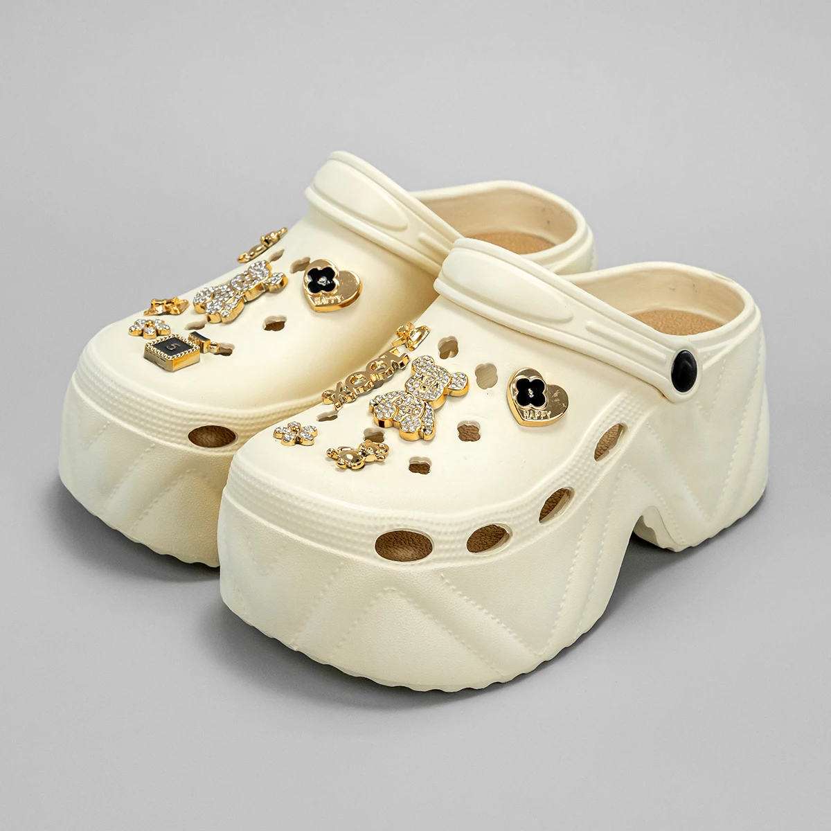 New Fashionable Gold Diamond Bear High Heel Imitation Leather Pattern Clogs X8809 image 4