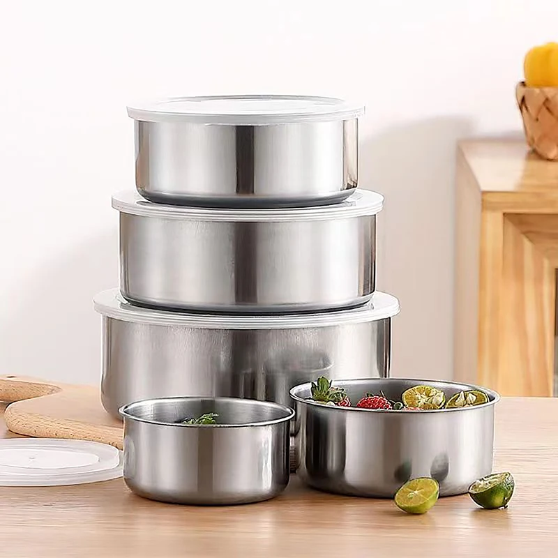 5Pcs Stainless Steel Mixing Bowls With Lid Stackable Cooking Storage Deep Nesting Bowl Silver Food Container Kitchen Tool