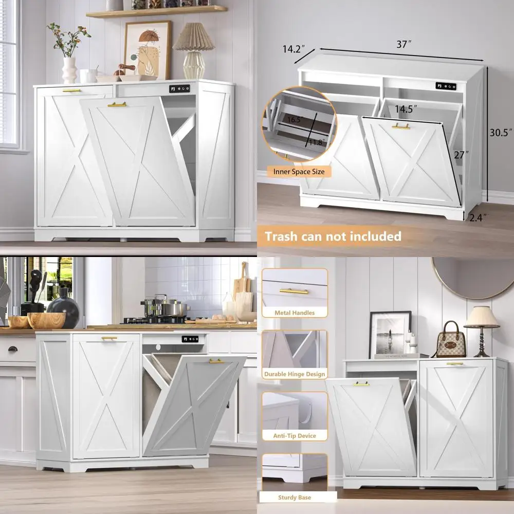 

Double Bin Tilt-Out Trash Cabinet with Hidden Recycling and Odor Control for Wooden Laundry Storage