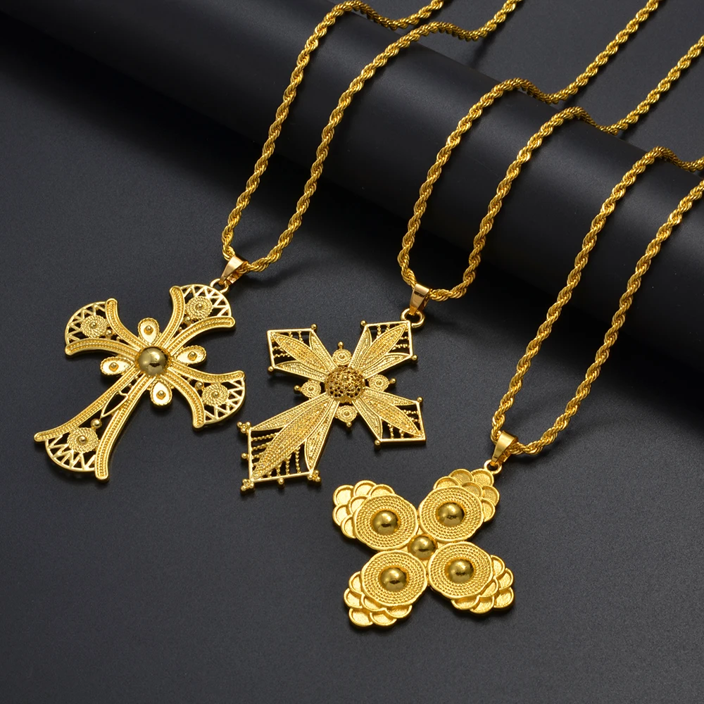 Anniyo Ethiopian Cross Pendant Necklaces for Women Girls Gold Color Habesha Eritrean African Ethnic Traditional Jewelry #346106