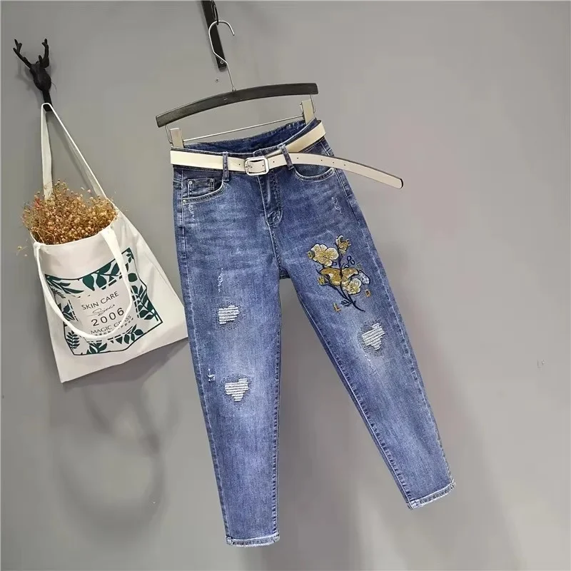 Spring Summer New Retro Flower Embroidery Jeans Ladies Denim Pants Fashion Korean Ankle-Length Cowboy Haren Pants Women Jeans