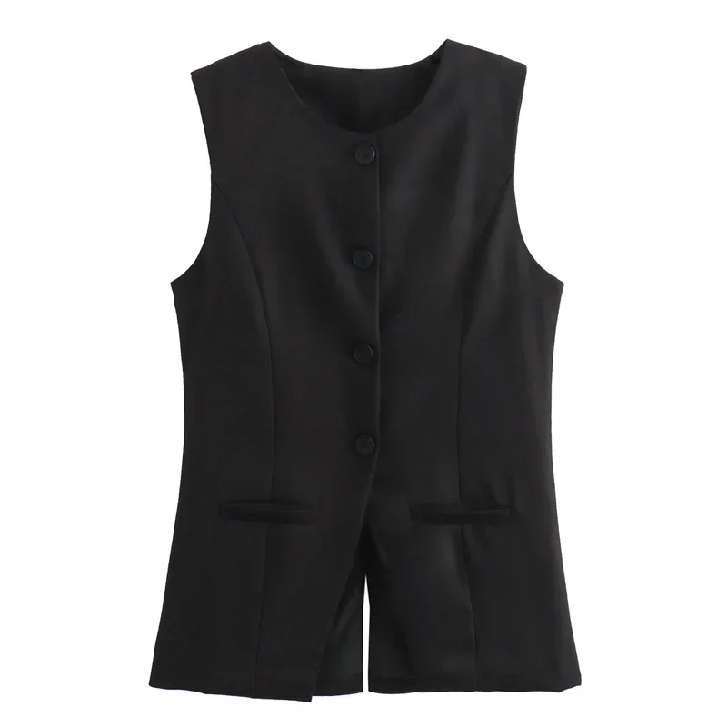 TRAF White Long Vest Women Sleeveless Suit Vest Woman 2024 Summer Button Up Black Vest Slit Casual New In Outerwear Office Wear