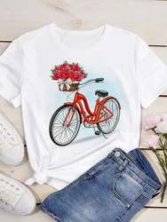 Maycaur Women Fashion Casual Tops Flower Bicycle Print T-Shirt Women T Shirt O Neck Short Sleeve Tees Summer Woman Tshirts