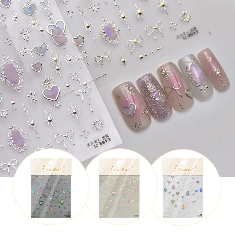 NEW 5D Shell Light Nail Stickers Fashion Gold Border Heart Star High Art Moon Decorations Bowknot Quality Decal Manicure Lo H7X3