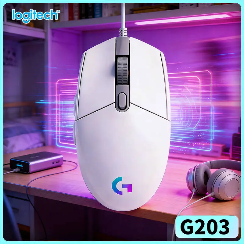 Logitech G203 Wired RGB Gaming Mouse 8000 DPI Sensor 6 Buttons 1000Hz Polling Mechanical Tensioning 2.1m Cable Reliable Fit
