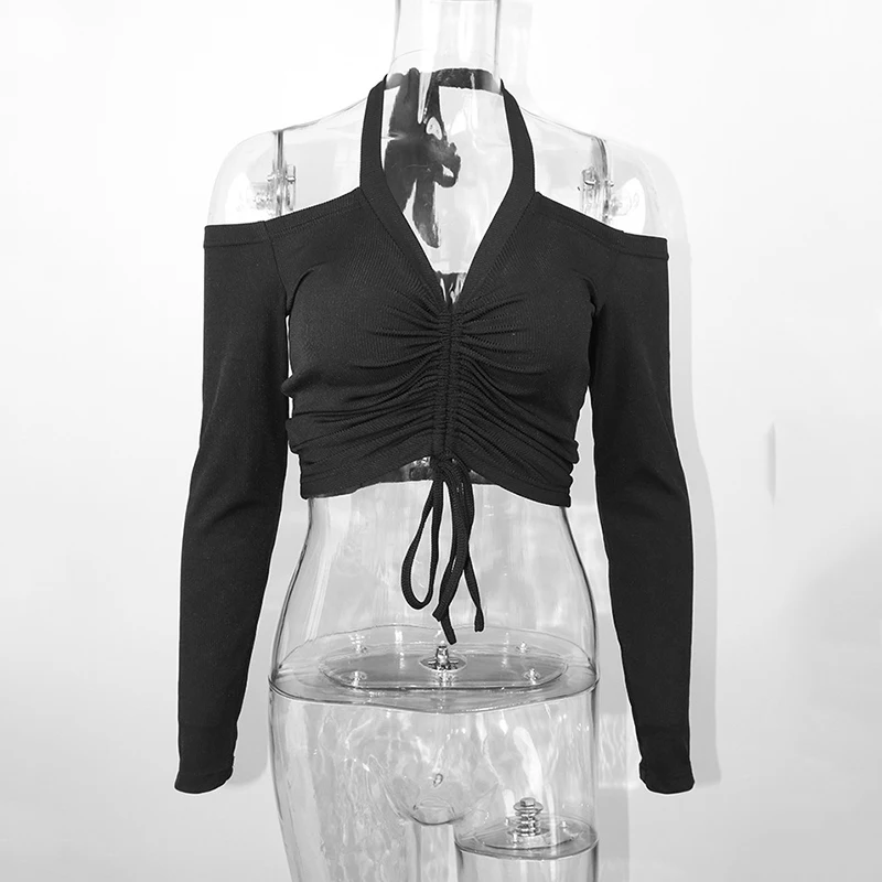 

New Knit Halter Shirts for Women Sexy Lace-up Black Tees Ladies Long Sleeve Spring Autumn Tube Top Female V-neck Slim Crop Tops