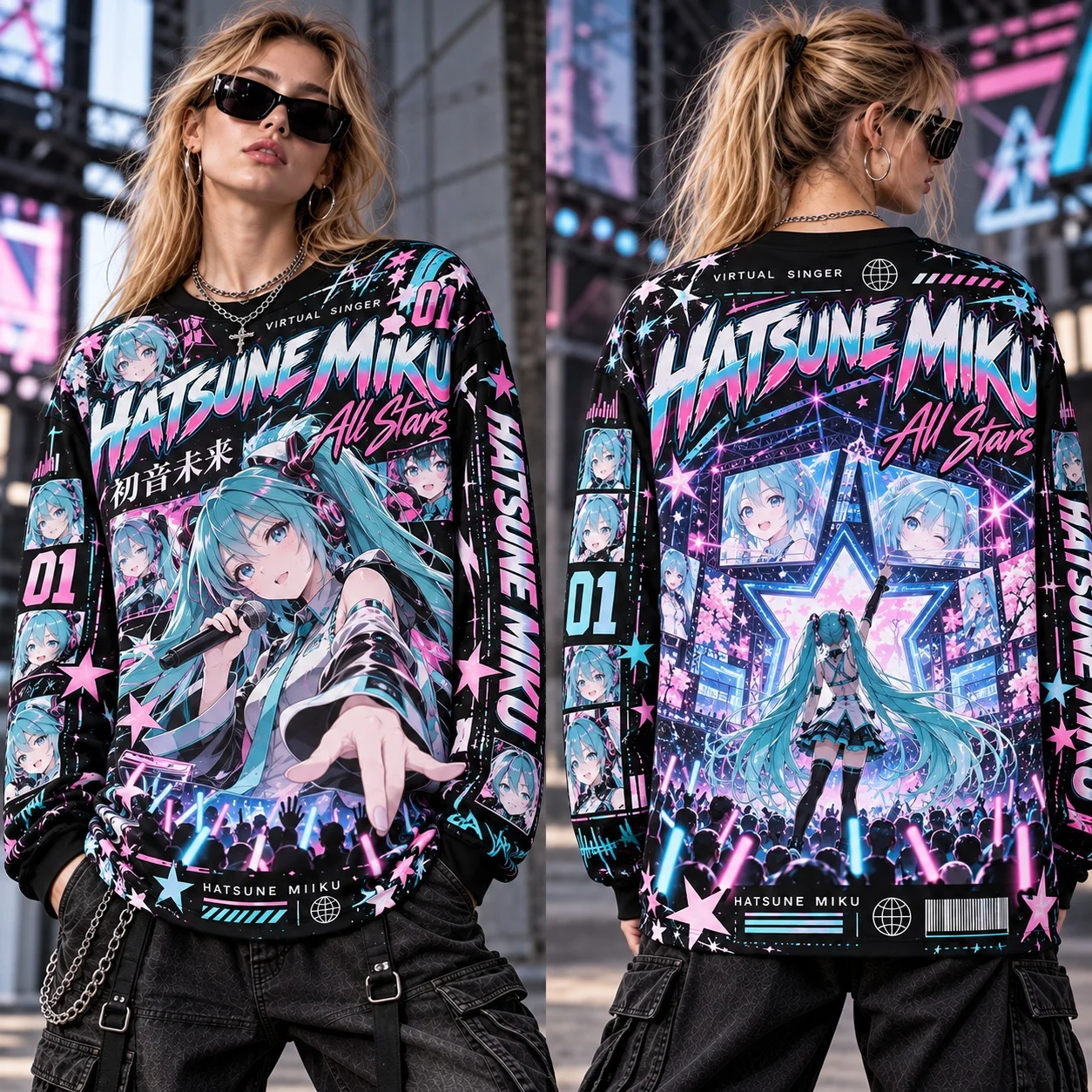 Hatsune Miku All Stars Graphic Sweatshirt Women Adult Anime Long Sleeve Pullover Oversized Streetwear Casual Top