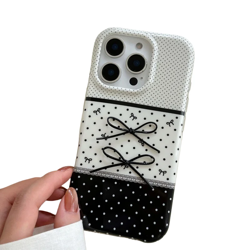 

Чехол для телефона с 3D бантом и точечным принтом для iPhone 16, 15, 14 Pro Max, полное покрытие