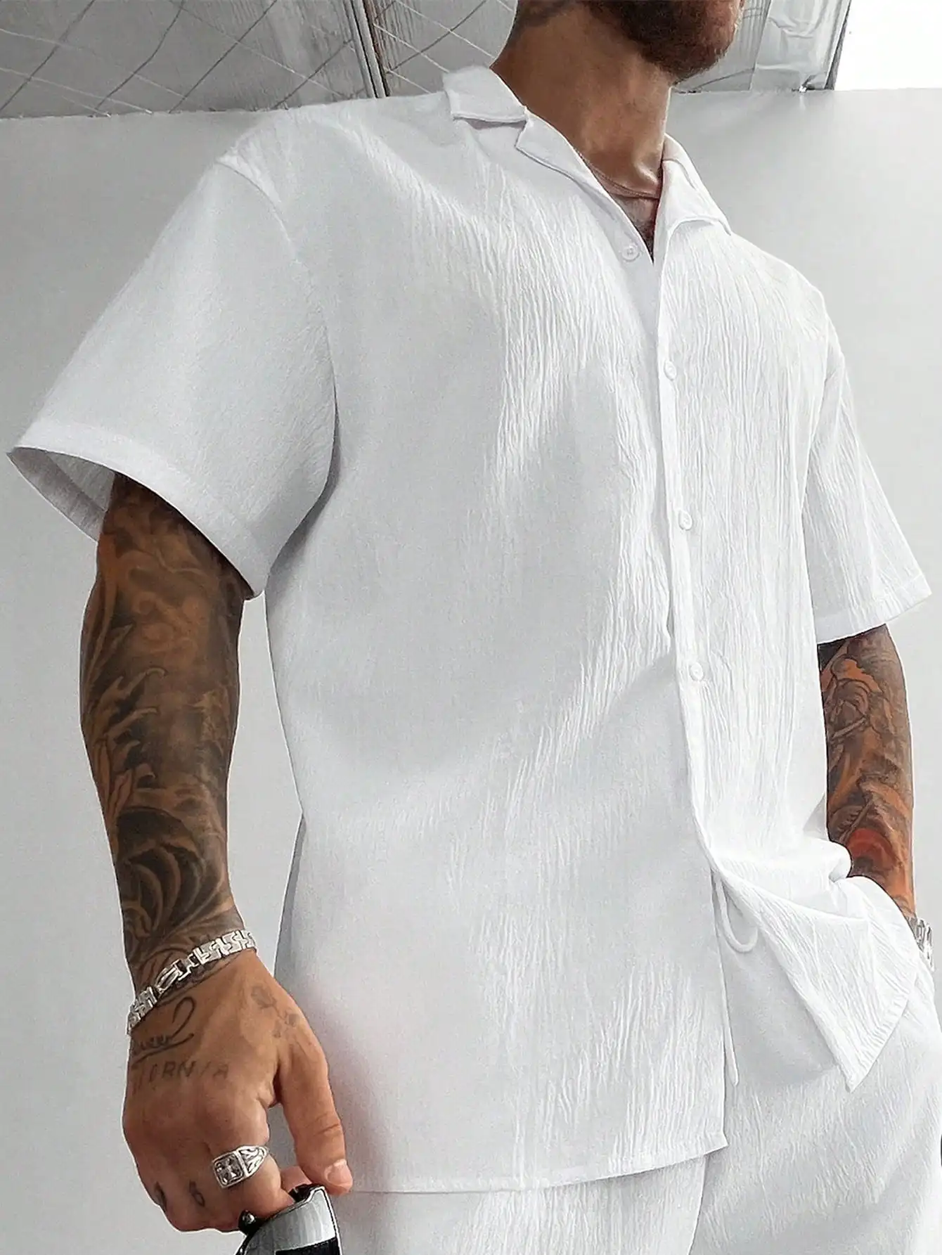 

Men's White Linen Short Sleeve Shirt with Cuban Collar, Loose Fit for Summer Casual Wear