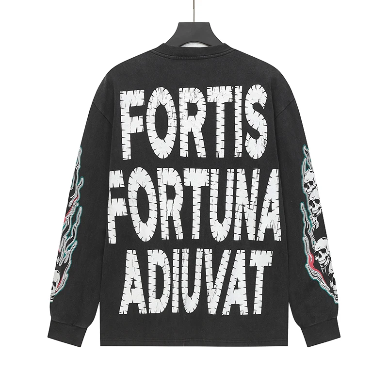 New Style Godspeed T-Shirt American Street Hip-hop Style Rock Vintage Skull Print Washed Do Old Loose Long Sleeve T-Shirt