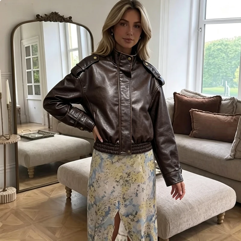 Original Deep Brown Stand Collar Retro Faux Leather Jacket Women's Outerwear pu Leather Coat Long Sleeve Zipper Y2k Jacket veste