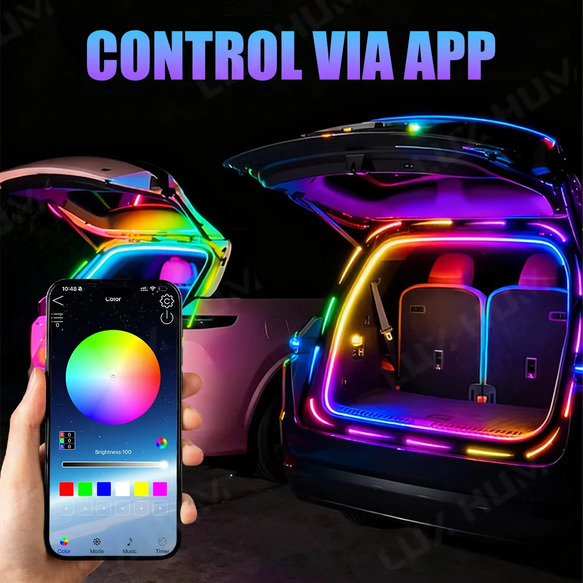 SUV Dynamische Mobile Kofferraum-Lichtleiste 400cm Flexible RGB Neon-Atmosphärenbeleuchtung 12V APP-gesteuertes Umgebungslicht – Detail 4