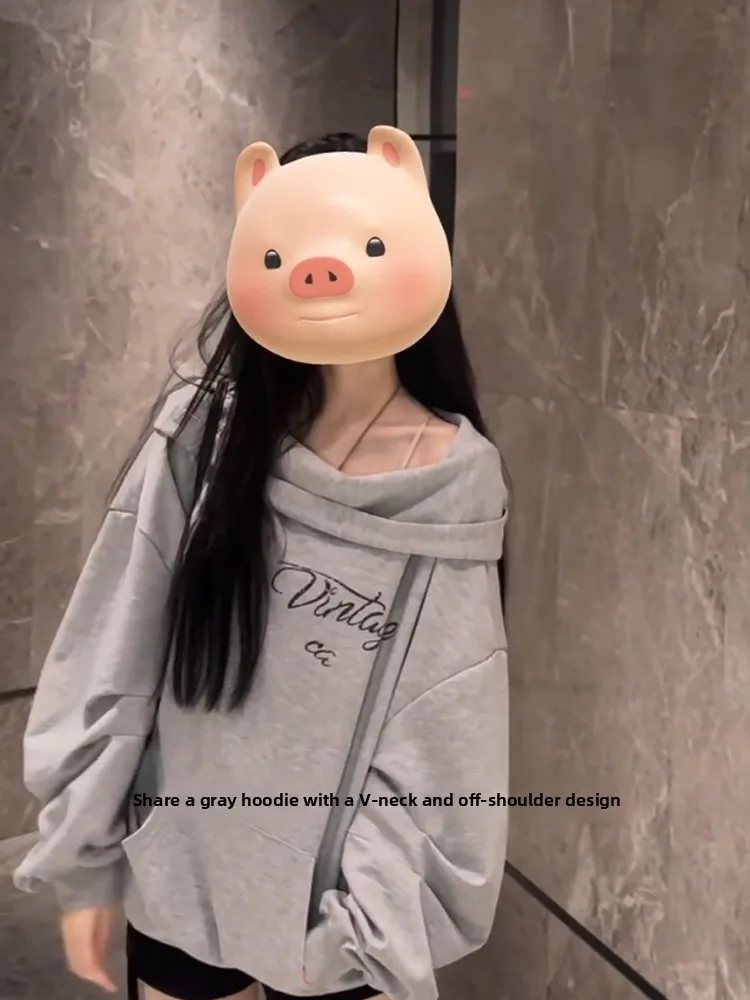 Retro American High Street Hoodie Women's Autumn Winter Fce Oversize Lazy Loose Long Sve Top oulder Bared Streetwear