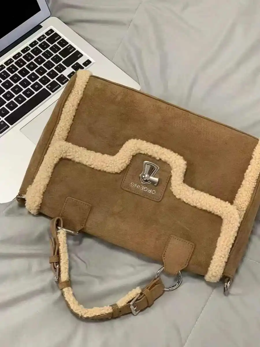 Autumn Winter Splicing Plush Large Capacity Handheld Bag New Vintage Suede Surface Khaki Computer Pack Cross-Body Tote Briefcase