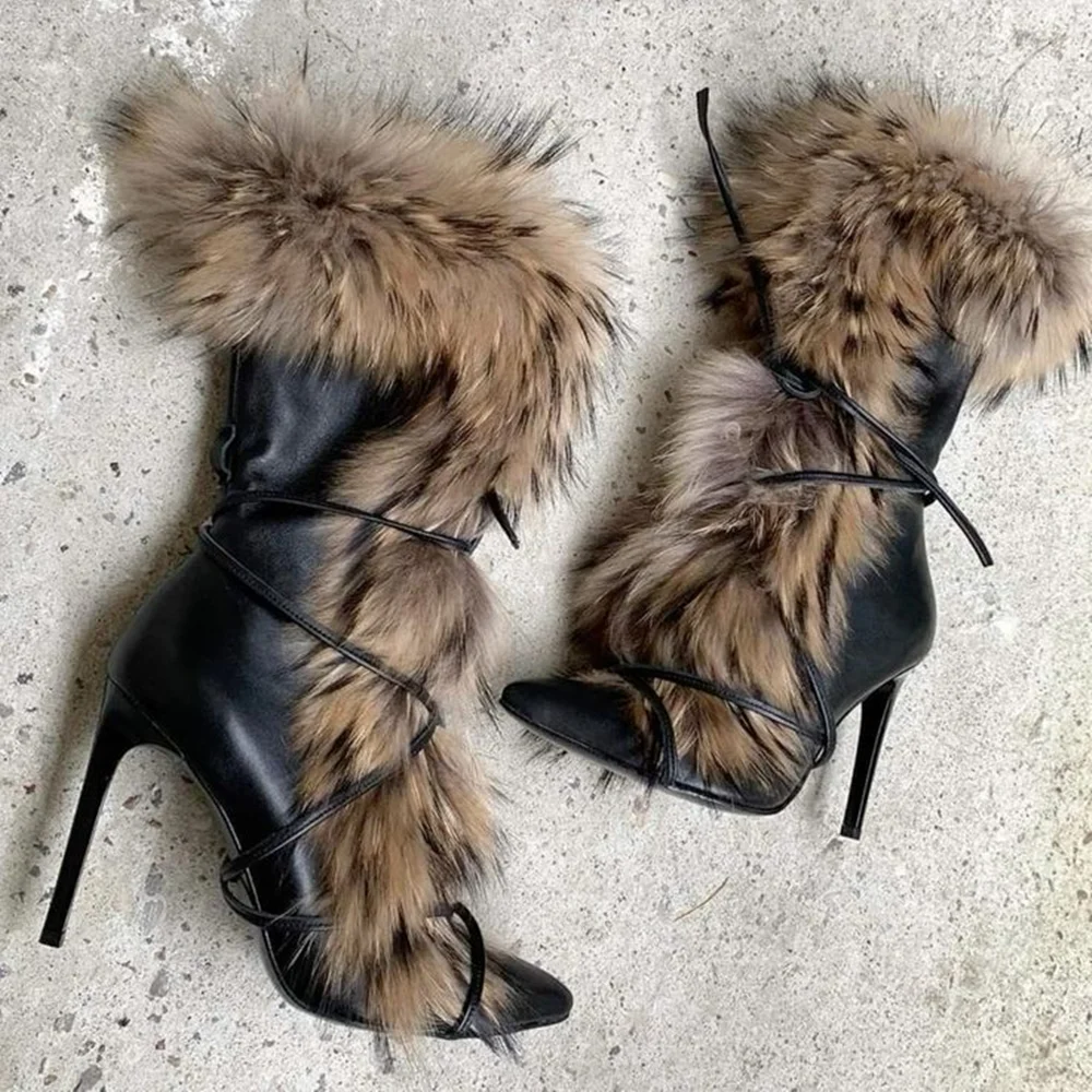 شتاء دافئ جلد أسود وبني فو الفراء منتصف العجل الأحذية كعب ستيليتو الدانتيل متابعة التفاصيل أفخم الفراء تقليم أشار تو أحذية سيدة