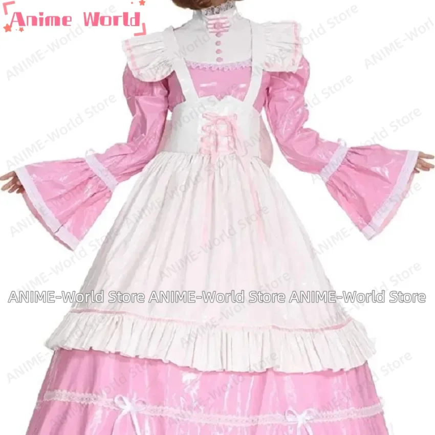 

《Custom size》Hot Sale Cute Dress New PVC Lockable Sissy Girl Maid Pink Long Apron Big Bow Tie Bandage Cosplay Halloween Costume