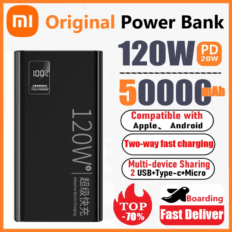 Przenośny power bank Xiaomi 120W 50000mAh Bateria zewnętrzna o dużej pojemności Super szybka ładowarka Zasilanie mobilne dla iPhone Samsung Nowość