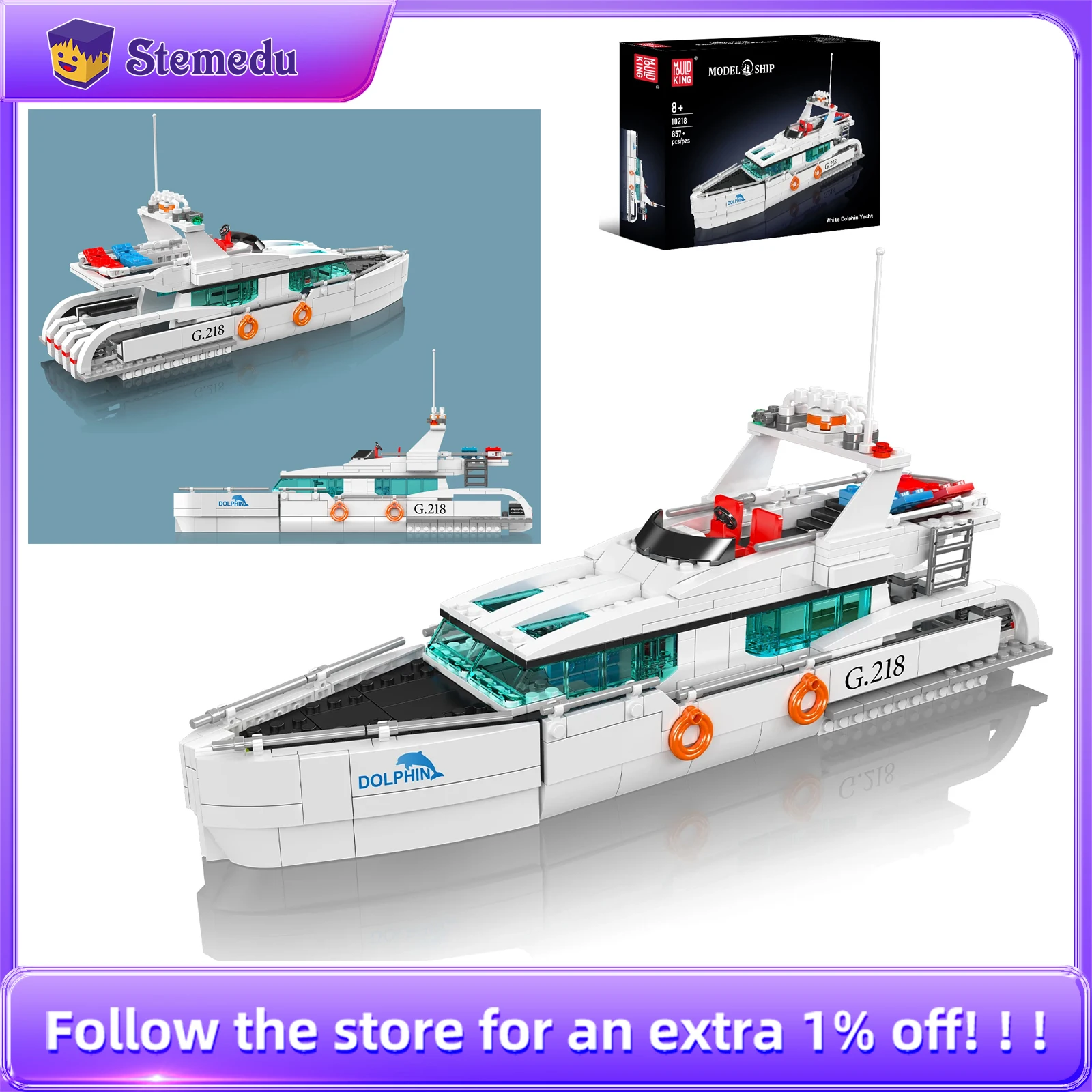 

Mold King 857 шт. 10218 Белый дельфин, яхта, строительные блоки, лодка для удовольствия, корабли, модель, кирпичи, сборные игрушки, креативный подарок для детей