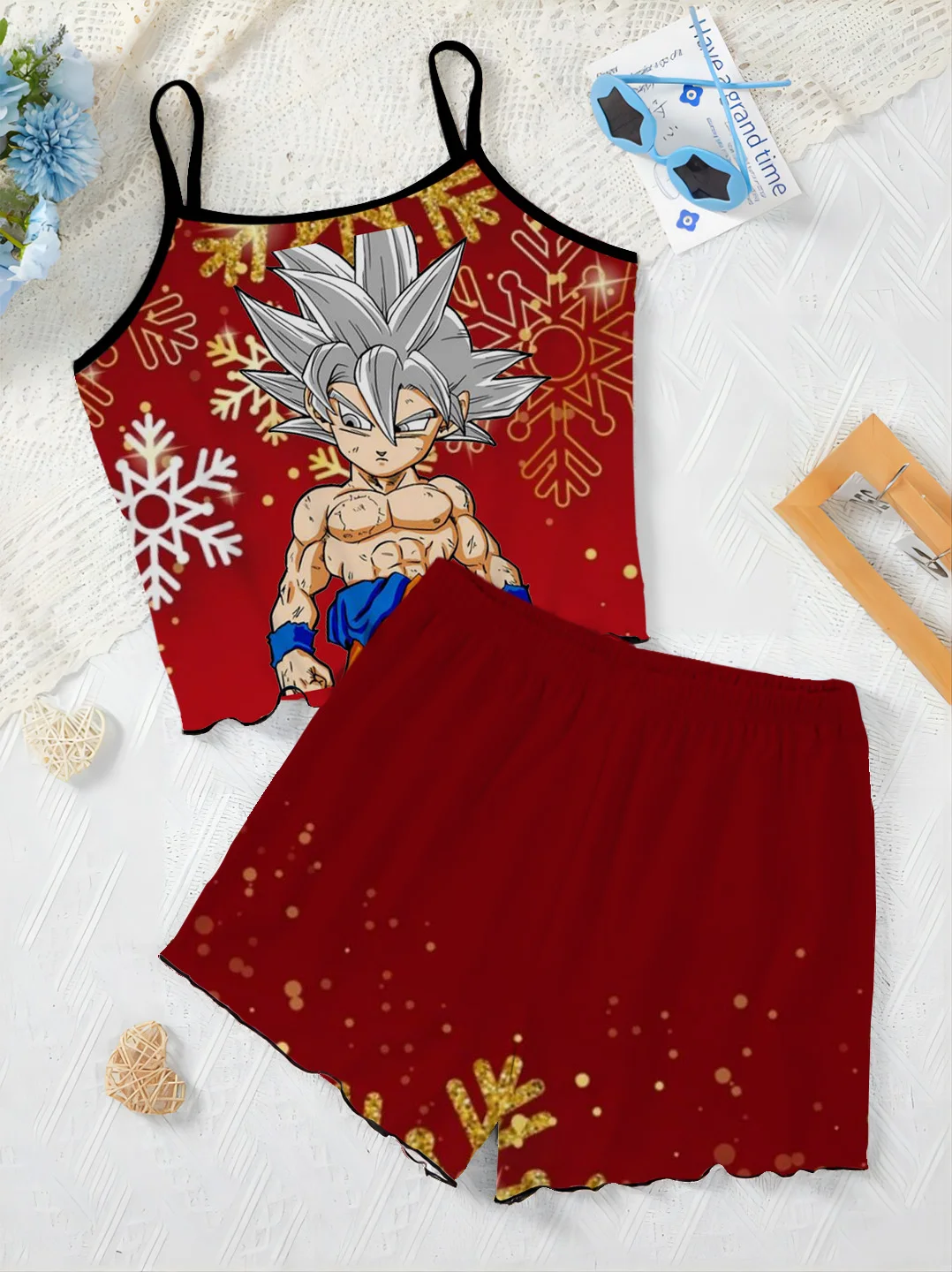 Son Goku Pajama Skirt Elegant Women's Sets for Women 2 Pieces Lettuce Trim T-shirt Top Home Dress Dragon Ball Short Two Set Suit