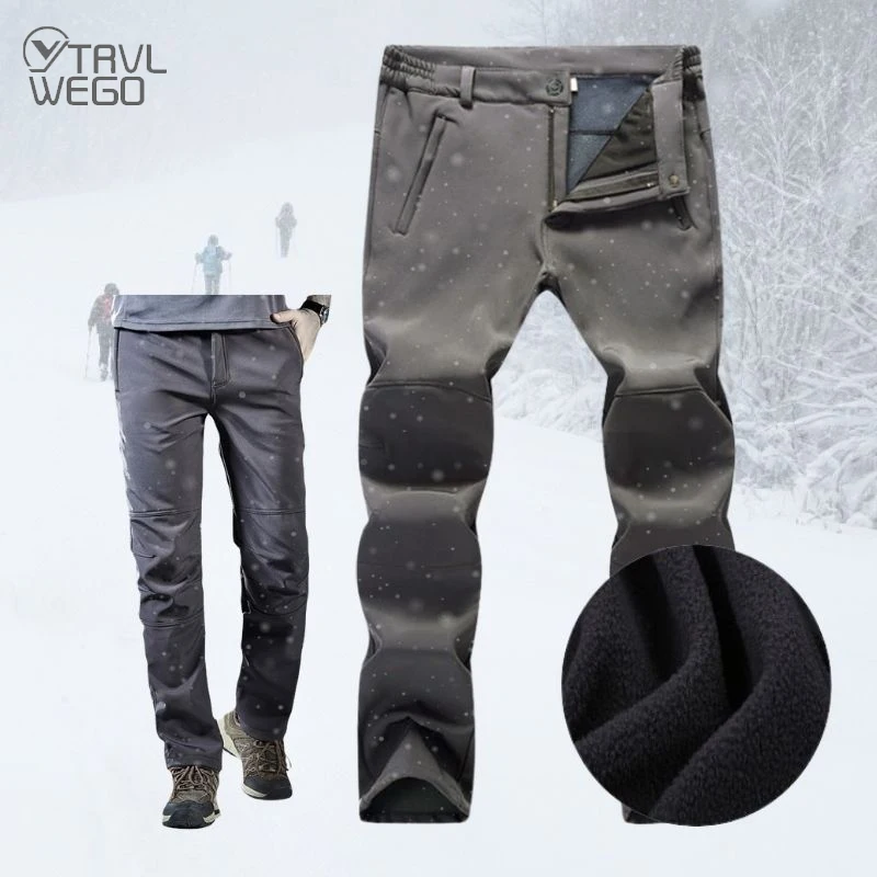 Men Warm Fleece Hiking Pants Tactic Winter Prevent Slim Windproof Outdoor Soft Shell Trekking Camping Trousers