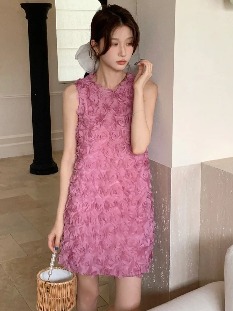 

Korean Sle Lady Rose Flower Vest Dr Women's Summer New Retro Faionable White ort Skirt Sweater Dr