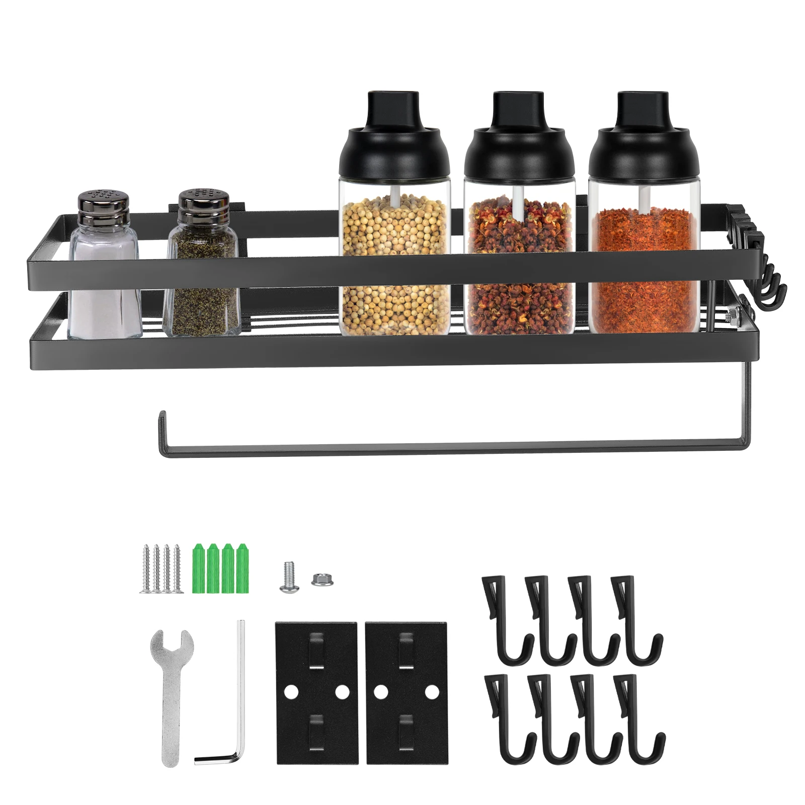 Spice Rack Kitchen Rack Wall No Drilling Spice Rack Hanging with Kitchen Roll Holder 4 Hooks, Kitchen Organiser Drawer