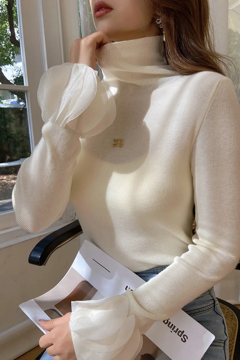 

Dabuwawa Flare Sleeve Knitted Underlay T-Shirt Women 2023 New Collection Fairycore High Collar Slim Blouse Christmas DM1DJS003