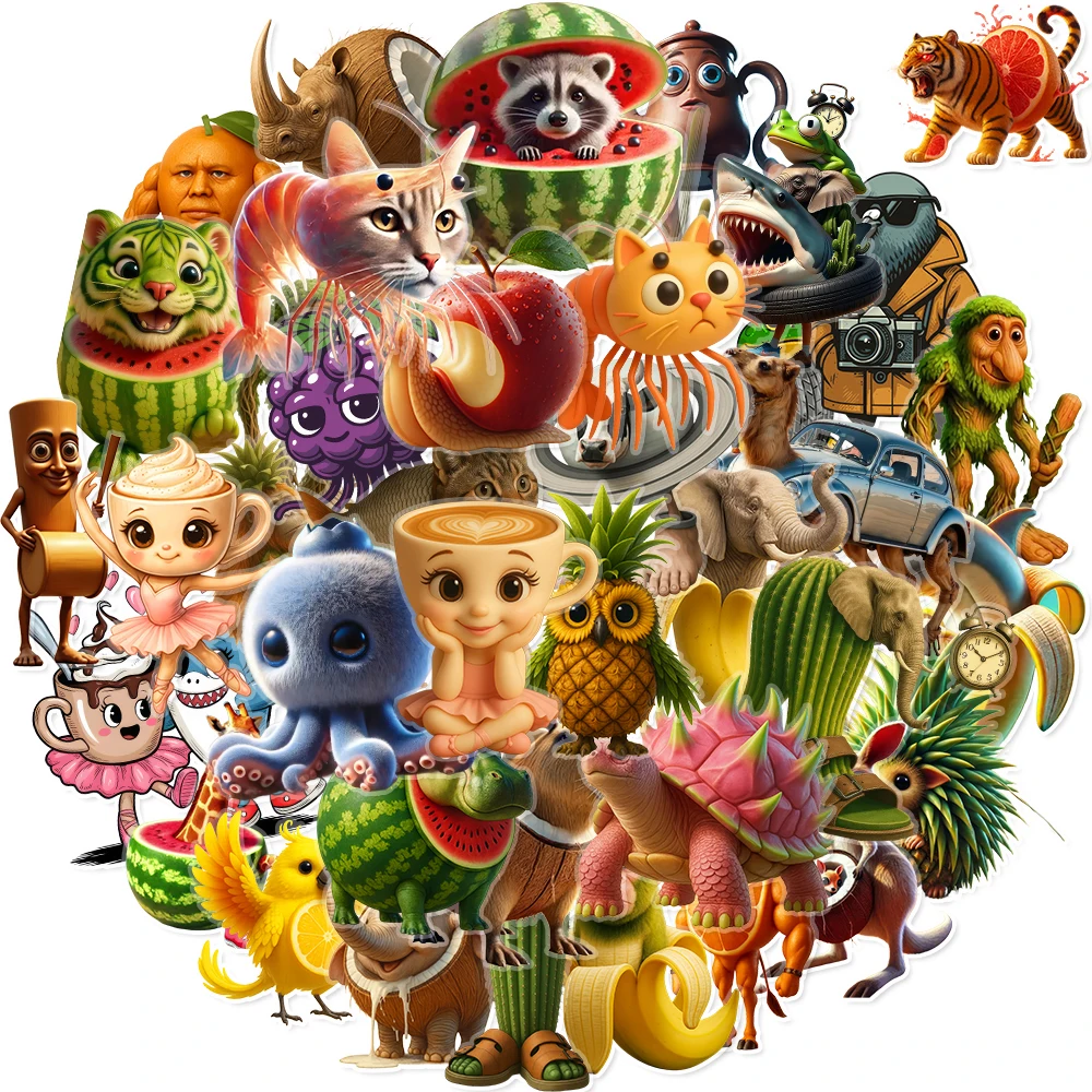 4Sheet 100Pcs Transparent Sticker Cartoon Italian Brainrot Decal Pack Animals Decoration Water Bottle Diary Stationery for Teens