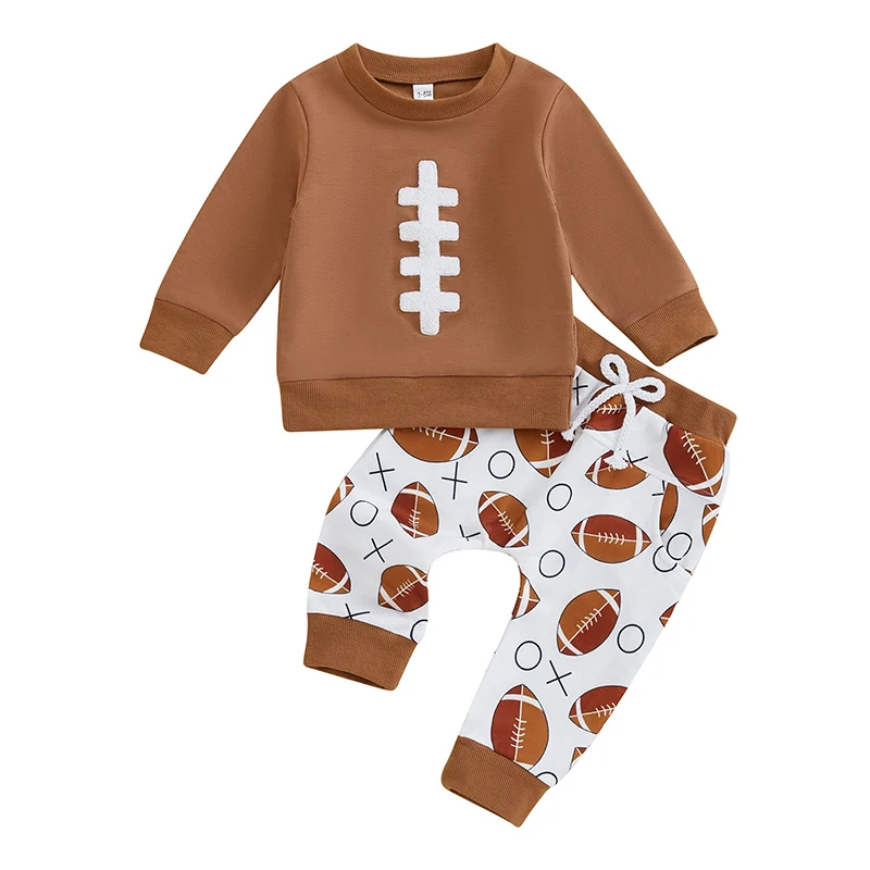 Baby Boy Football Outfit Rugby Embroidery Long Sleeve Pullover Sweatshirt Long Pants 2 Piece Set