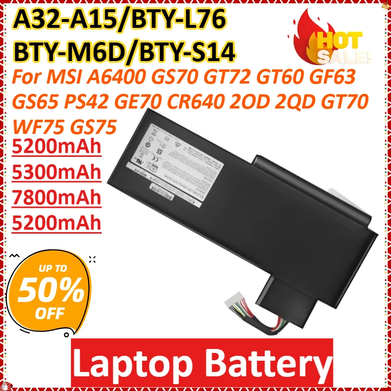 

A32-A15/BTY-L76/BTY-M6D/BTY-S14 Laptop Battery For MSI A6400 GS70 GT72 GT60 GF63 GS65 PS42 GE70 CR640 2OD 2QD GT70 WF75 GS75