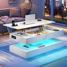 47.2" LED High Glossy Lift Top Coffee Table with Storage (White)