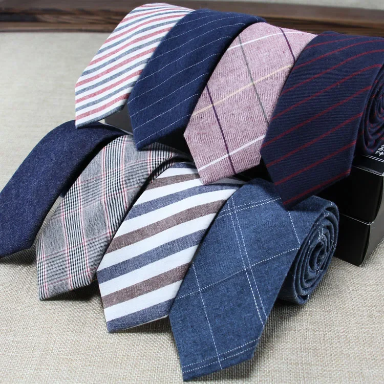 Mens Tie Narrow Version of Cotton and Linen Necktie Male 6cm Formal Wear Business Casual Professional Work Check Father\'s Gift