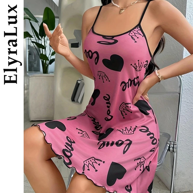 

ElyraLux Spaghetti Strap Sleep Dress Heart Letter Print Nightdress Lady Nightgown Casual Round Neck Sling Women Sleepwear Dress