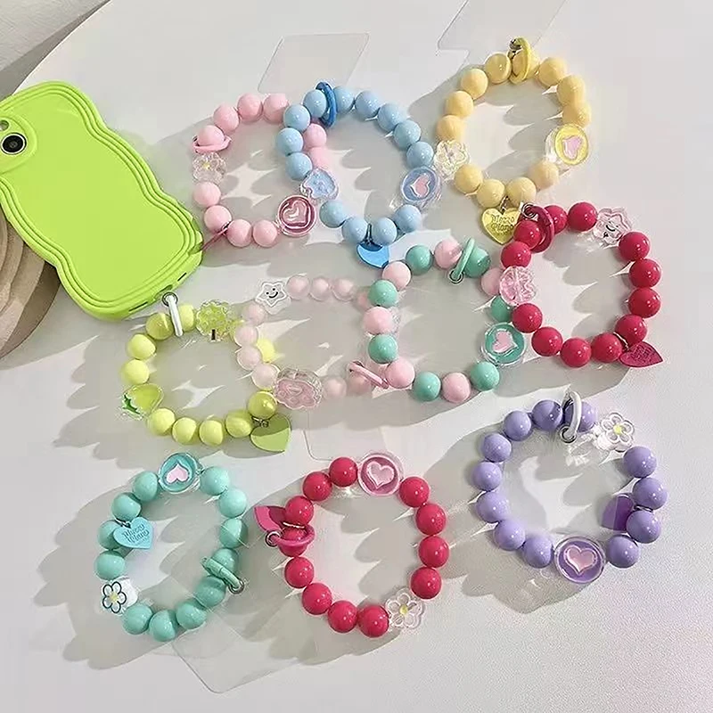 Bracciale per cellulare con ciondolo con perline rotonde colorate, cordino per telefono anti-smarrimento, cinturini da polso, accessori portachiavi per telefono cellulare tenuti in mano