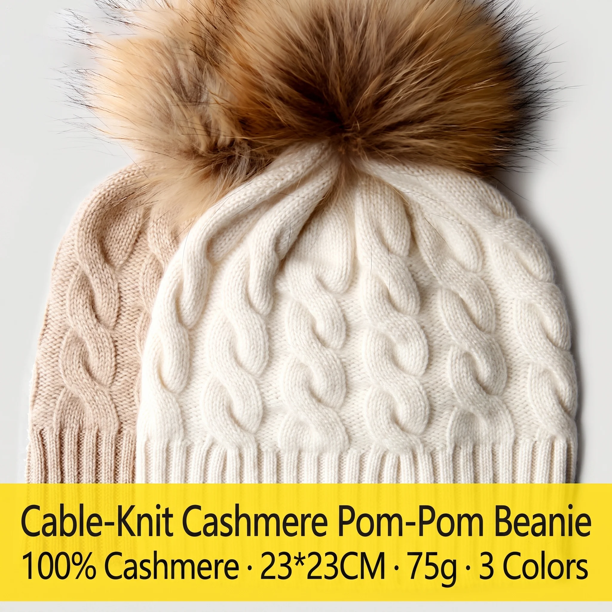 100% Cashmere Cable Knit Beanie Hat with Pom Pom Women Winter Warm Thick Ribbed Cuffed Hat 3 Colors for Cold Weather