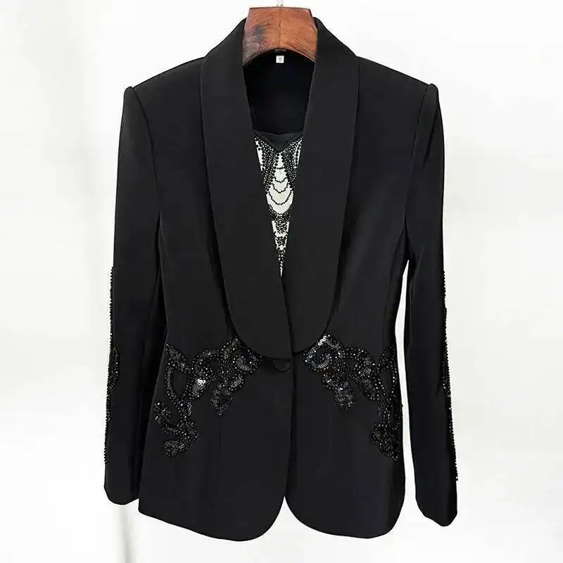 ZOCI ผู้หญิง Blazer กางเกงชุดแฟชั่นตาข่าย Splicing Heavy Duty เล็บลูกปัดเสื้อสูทกางเกงชีฟอง 2025 ฤดูใบไม้ผลิสไตล์ใหม่