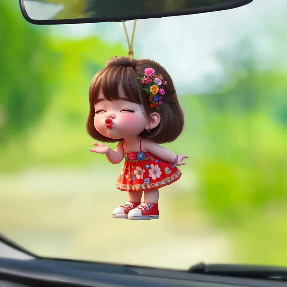 1pc Cute Pouting Little Girl 2D Flat Acrylic Pendant, Creative Keychain & Car Rearview Mirror Hanging Ornament