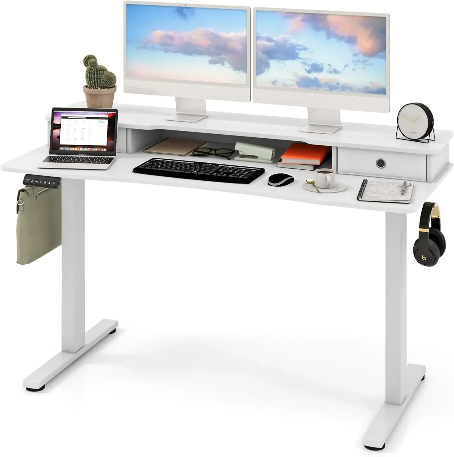 Home Office Sit Stand Compute,Electric Standing Desk w/ 2 Drawers, 140cm x 60cm Height Adjustable Stand Up Desk w/Monitor Stand