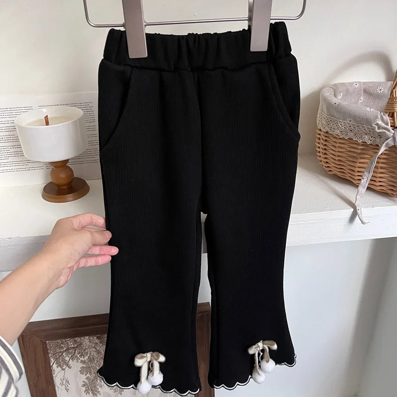 Girl Pants 2023 New Antumn Winter Korean Fashion Style Fleece Solid Bell Bottomed Pants Baby Girl Thick Casual Pants Kid Clothes