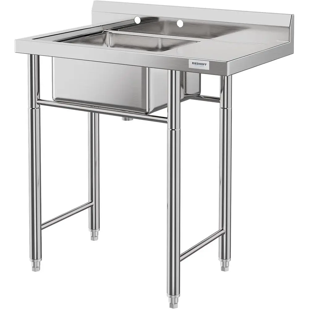 

Stainless Steel Utility Sink with Drainboard & Backsplash, Freestanding Single Bowl Laundry Sink, Cleaning Washing Station for G