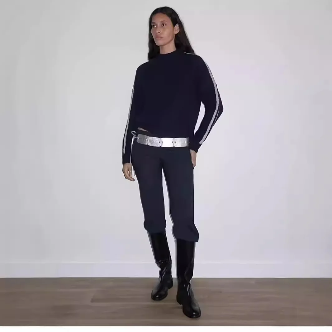 

Palomawool Color Blo Side Stripe Шерстяной вязаный свитер Женский свободный повседневный круглый свитер Ne Осенний модный женский вязаный...