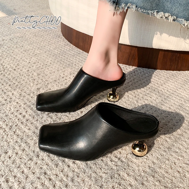 

Designer Style Ball Heel Leather Mules Woman Elegant Solid Color Court Clog Sandals Ladies Casual Square Toe Heeled Slippers