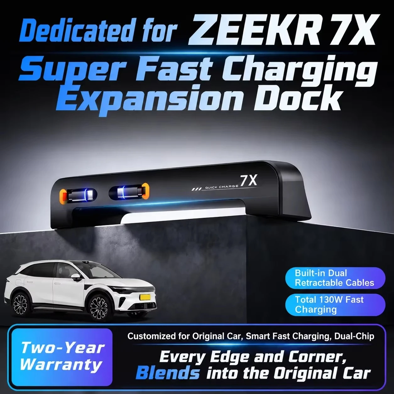 For ZEEKR 7X 2025-2026 Car Charger Docking Station Car Interior Upgrade Retractable Cable Super Fast Charging Expansion Dock