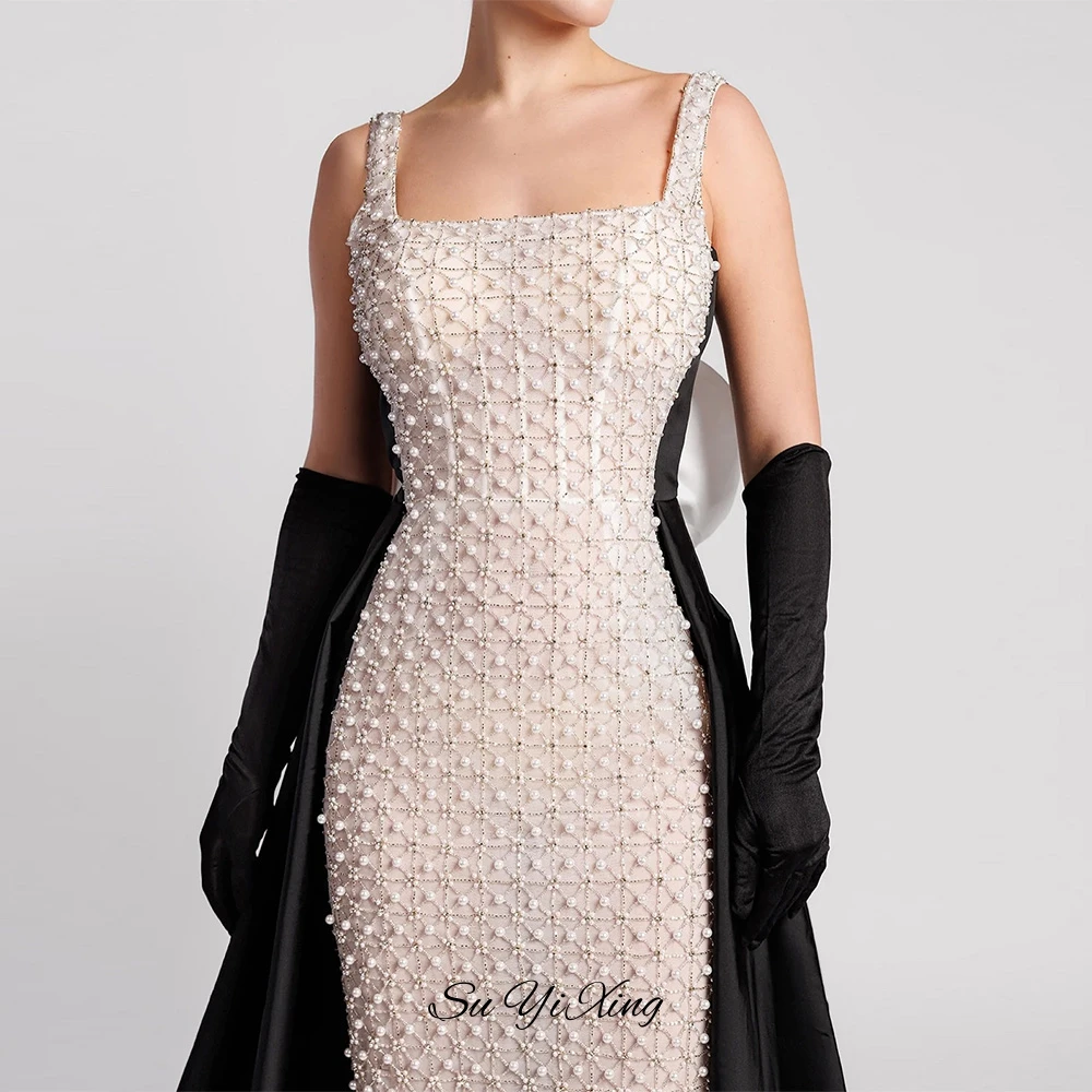 Customized Delicate 3D Flower Vestido De Festa Elegant Square Collar Sleeveless Prom Dress Classic Mermaid Pearls Evening Dress
